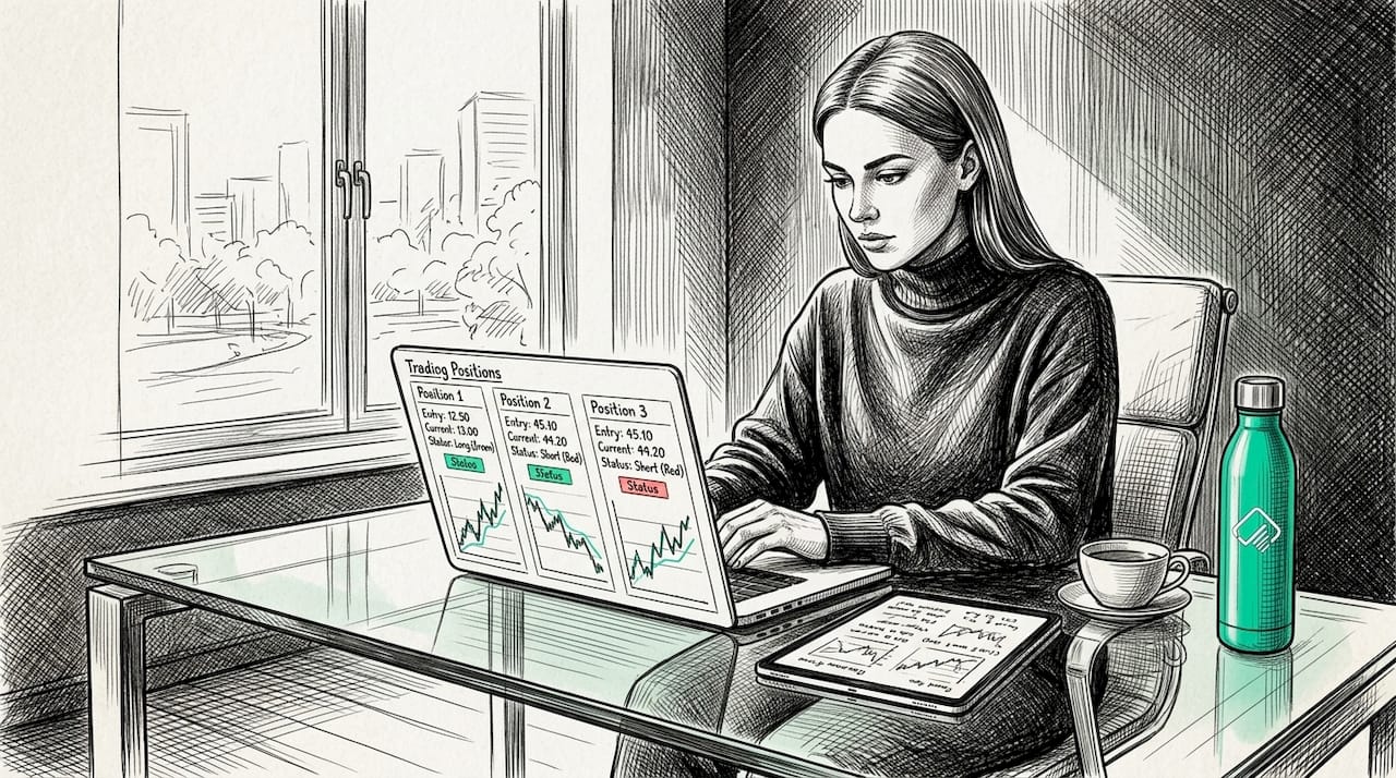 Trader reviews open positions on laptop at home
