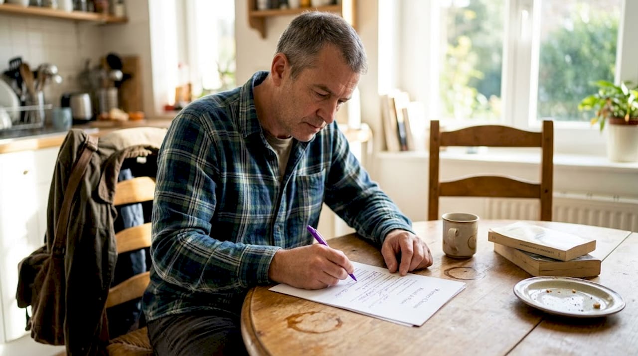 Assis à la table de la cuisine, un écrivain relit et retravaille ses poèmes, crayon à la main, plongé dans ses pensées.