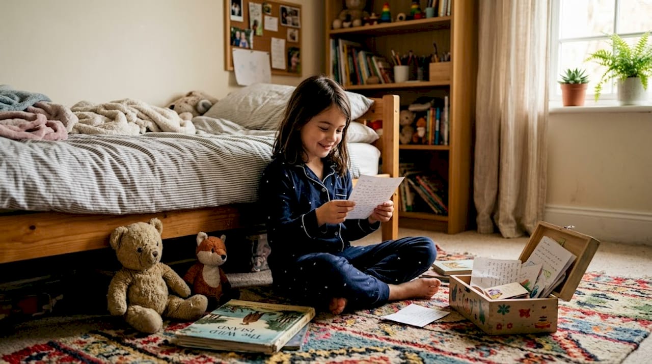 Child reading special letter beside bed