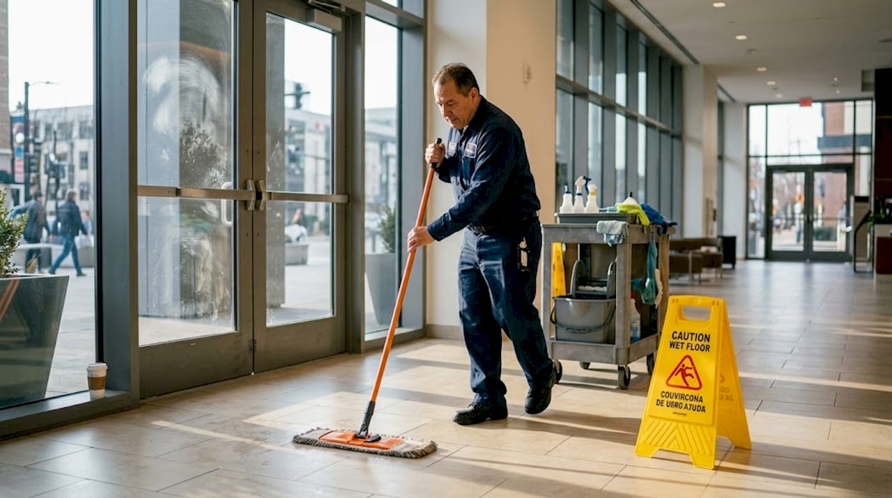 Janitor cleaning lobby during regular maintenance