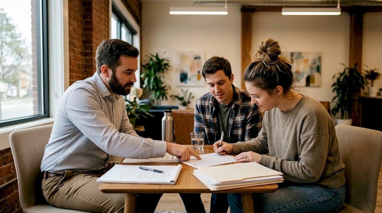 Landlord and tenants signing rental lease together