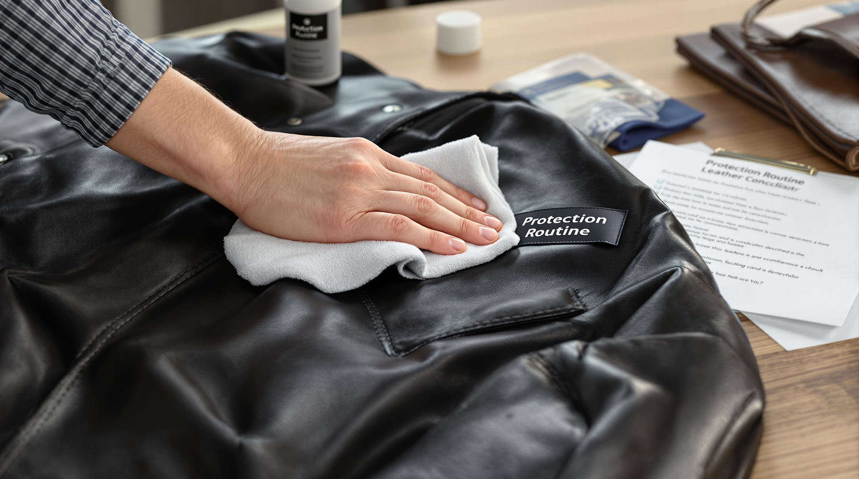 Hands cleaning leather jacket at home with 'Protection Routine' visible on checklist