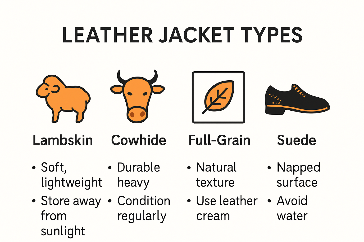 Infographic showing types of leather jackets and care tips
