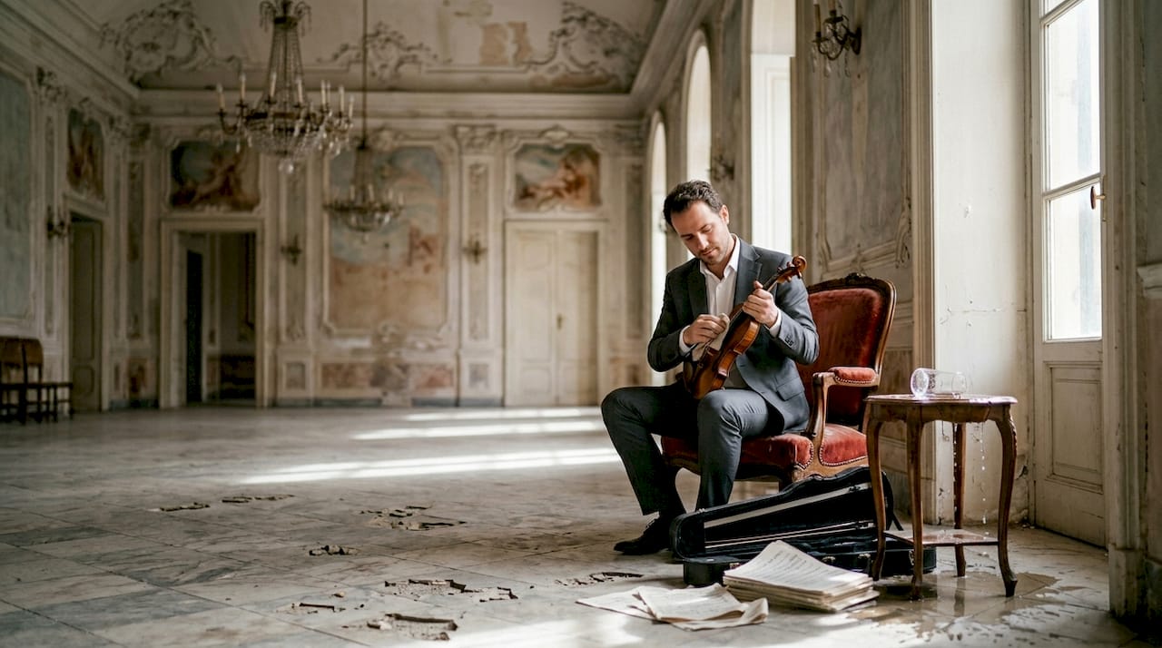 Violinist polishes instrument in Baroque ballroom