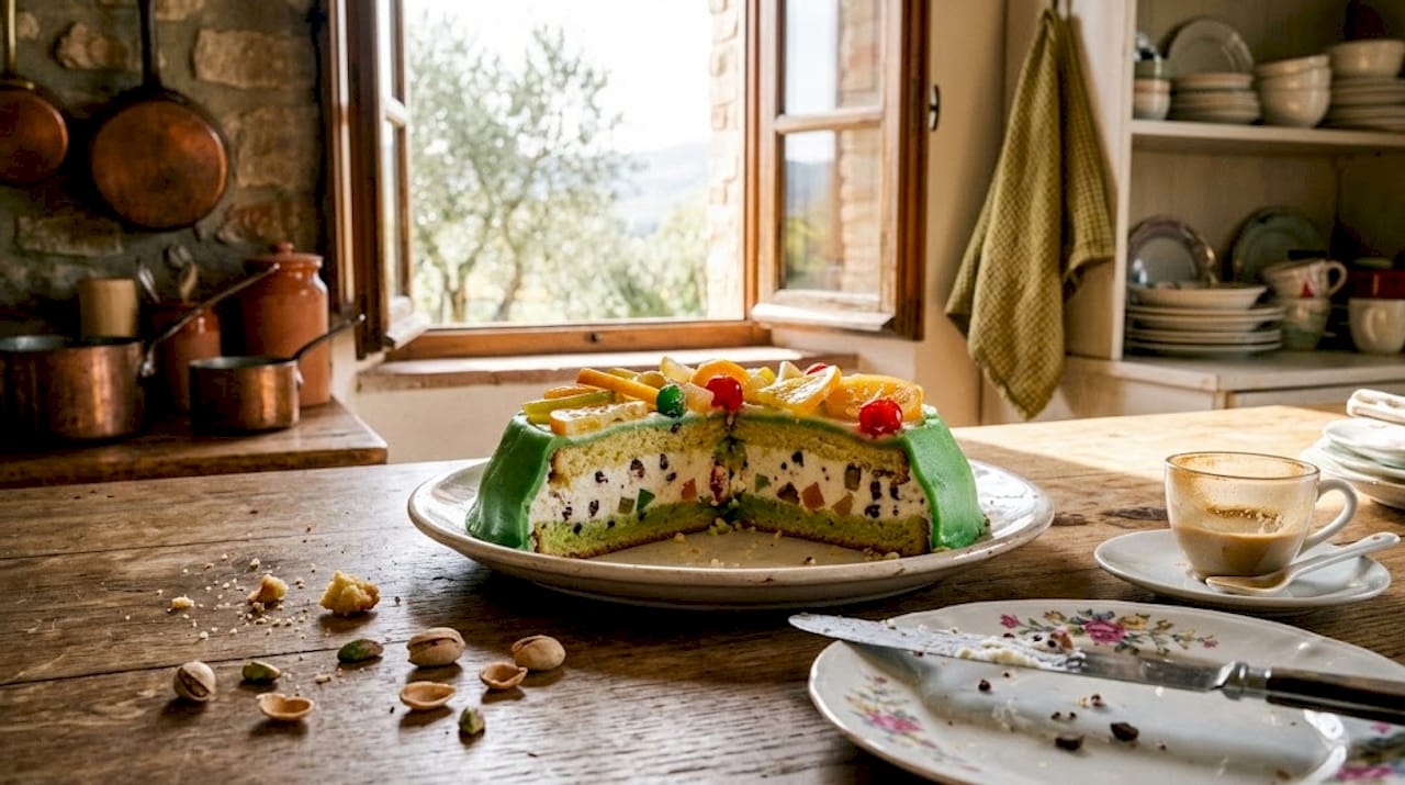 Cassata Siciliana cake with colorful layers sliced