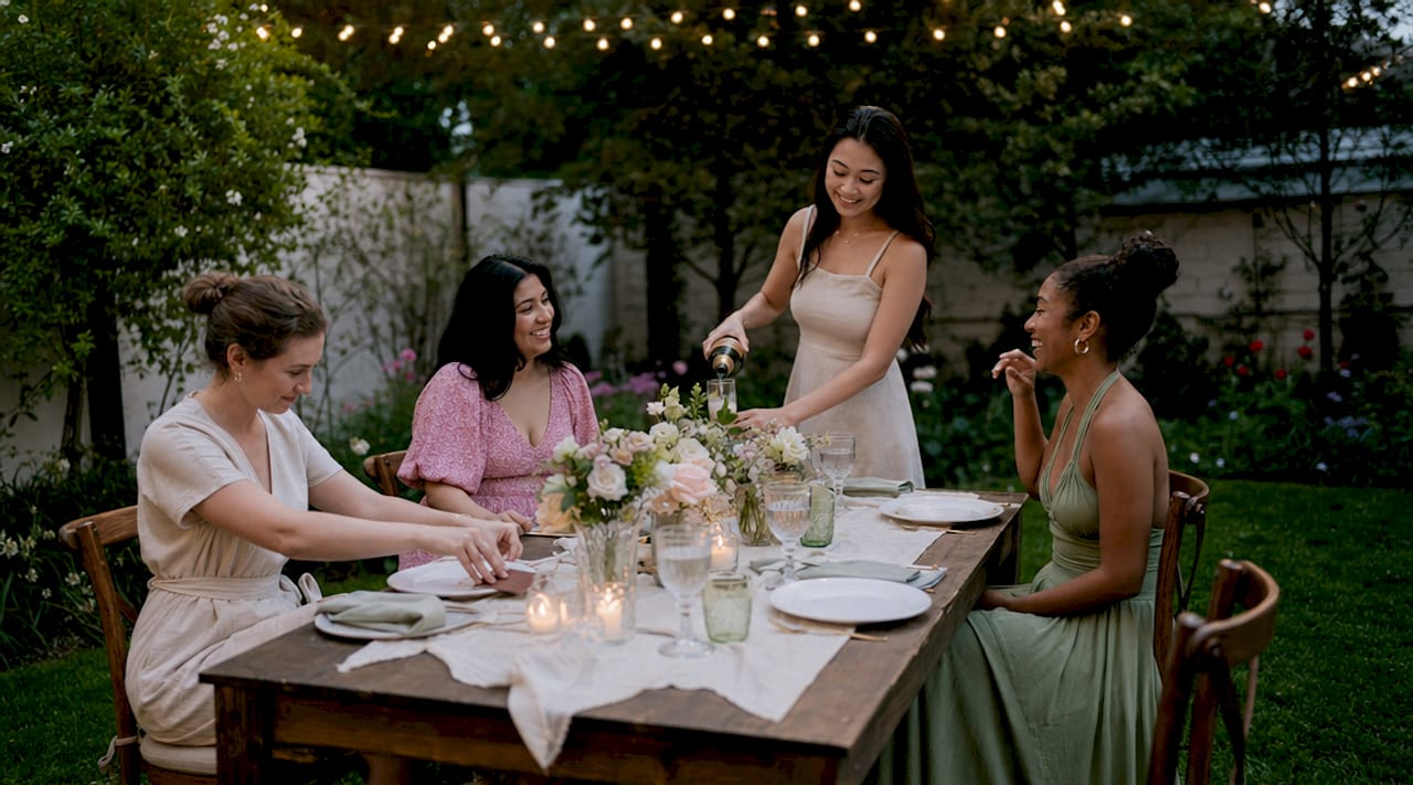 Elegant bridal shower with women around decorated table