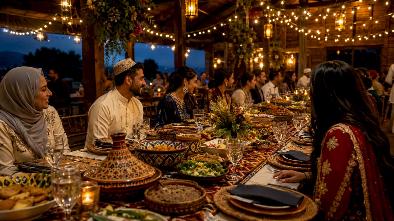 Outdoor wedding banquet with cultural decor and food