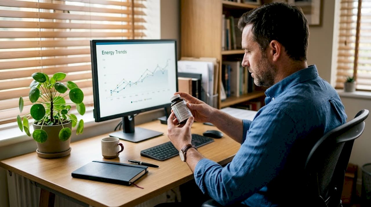 Man reading supplement bottle label at bright desk
