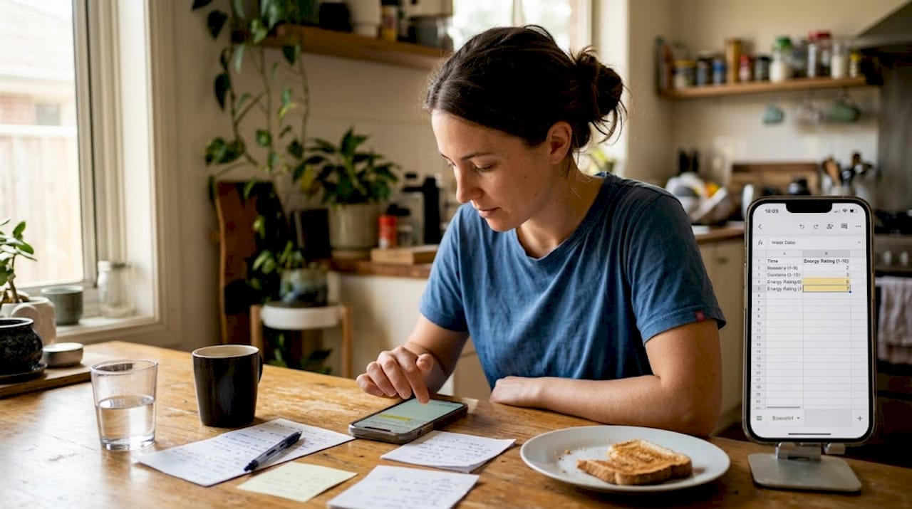 Woman tracking energy on device in kitchen