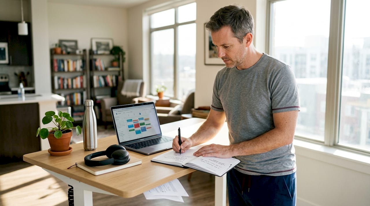 Man recording energy workflow at standing desk