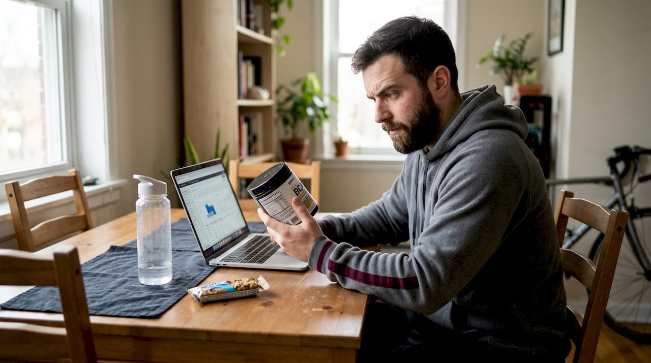 Man skeptically reading BCAA supplement label