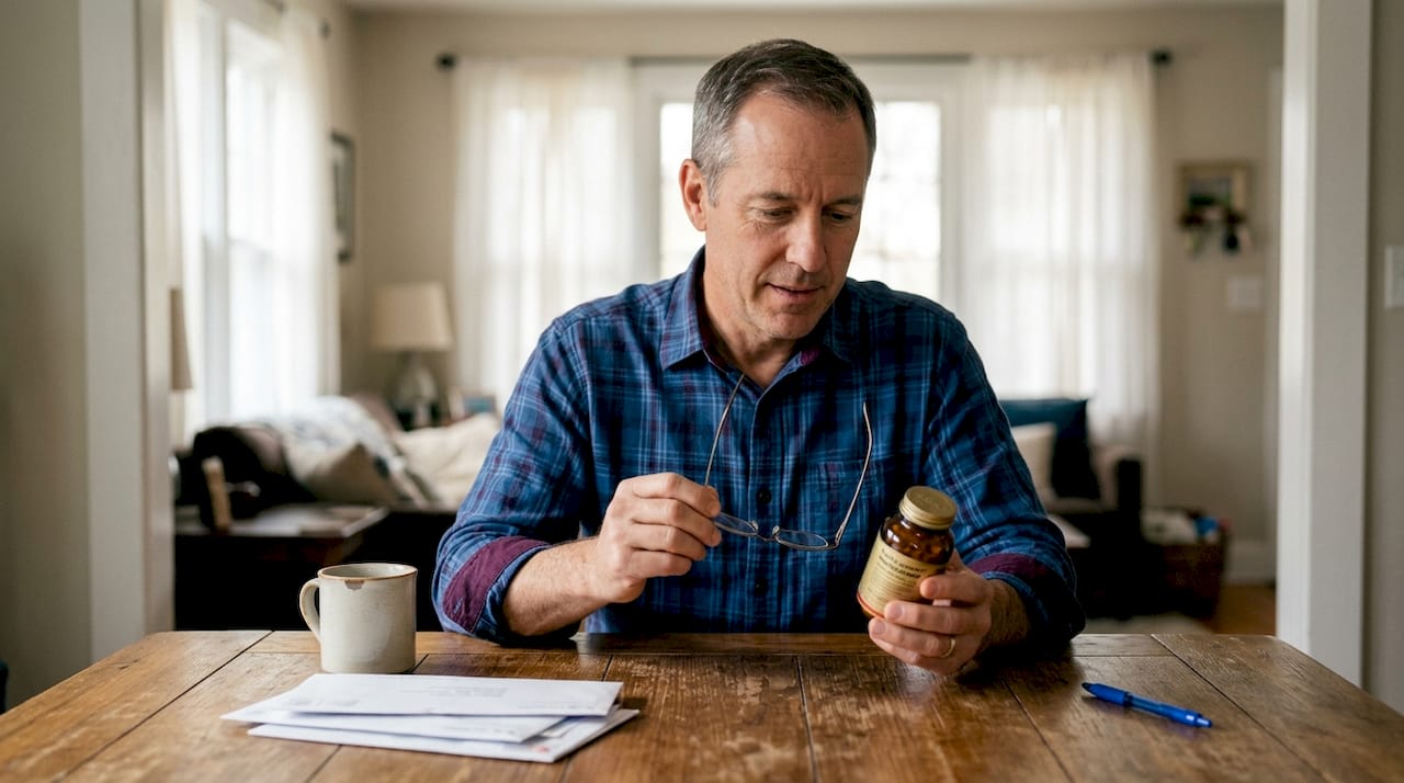 Man examining mushroom supplement label at table