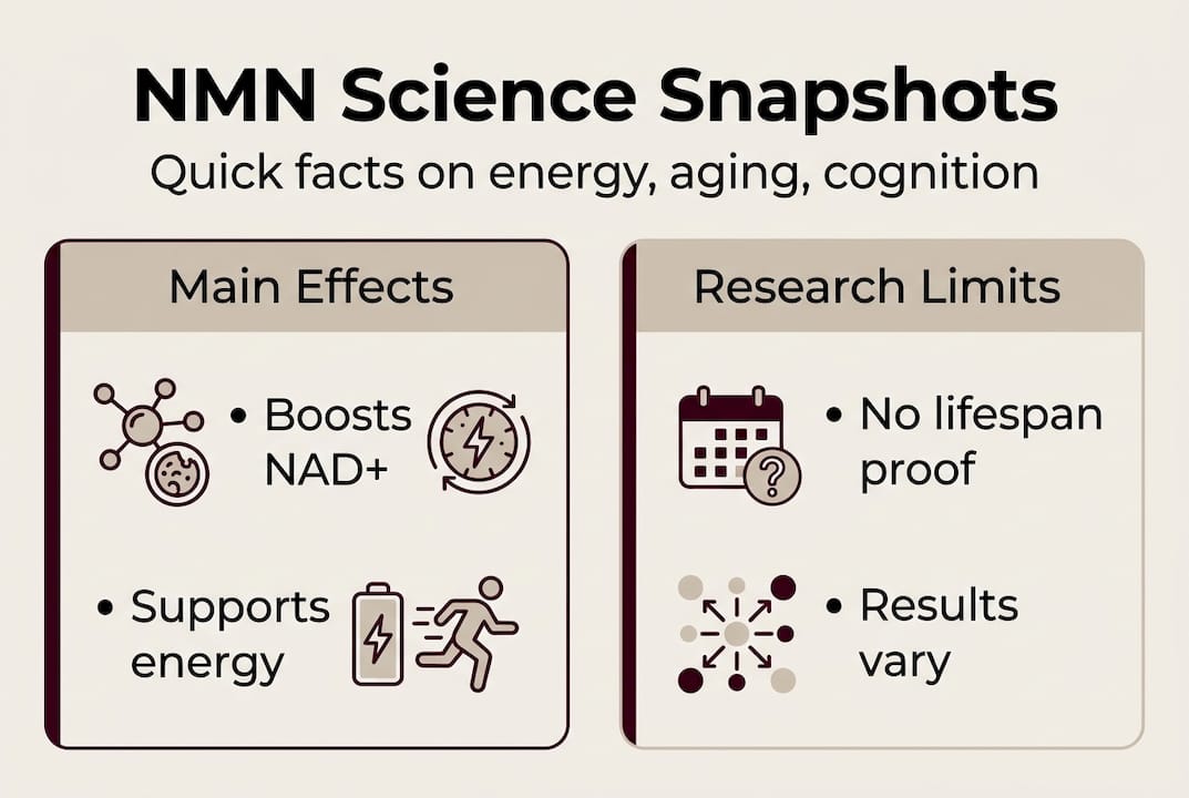NMN infographic showing main effects and research limits