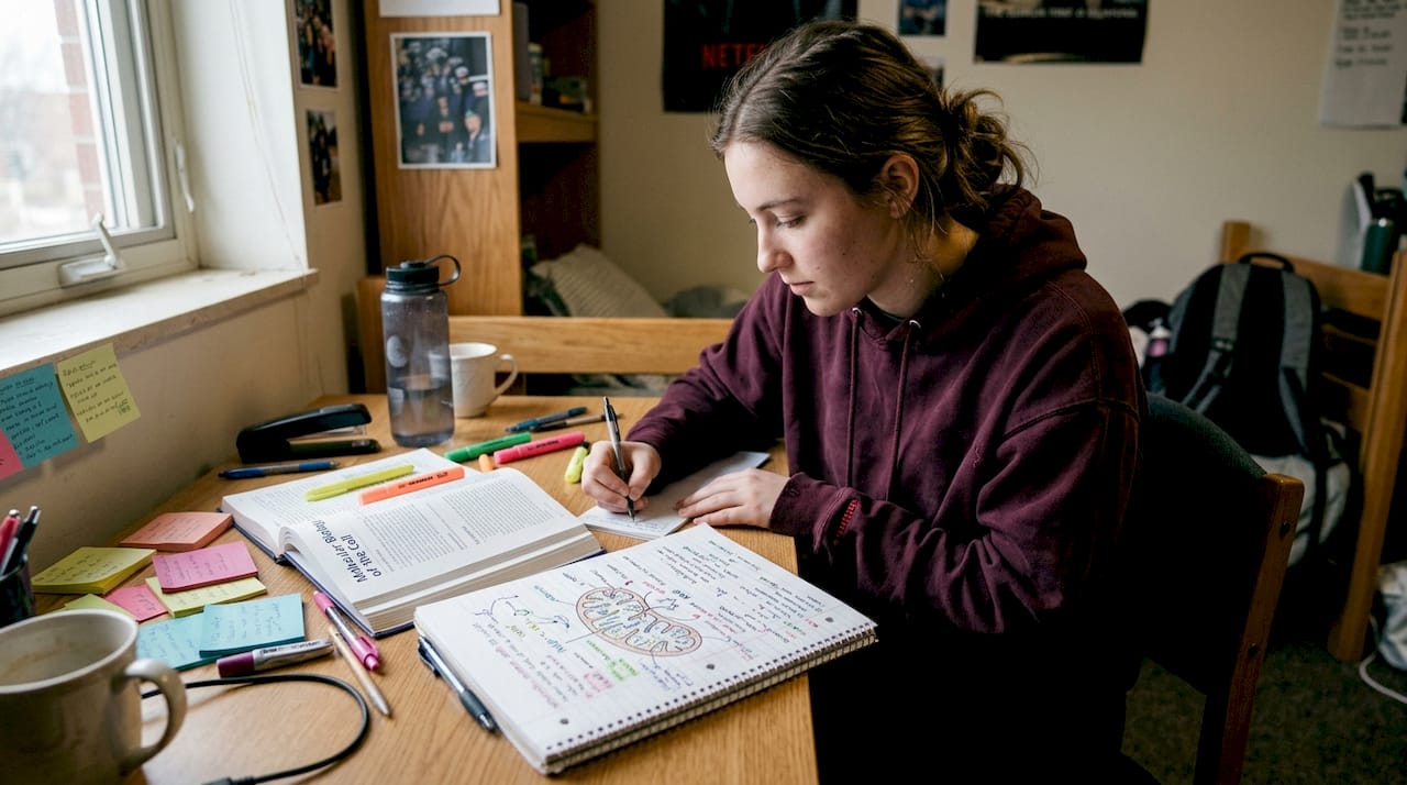 Student sketching mitochondria and NAD+ diagram