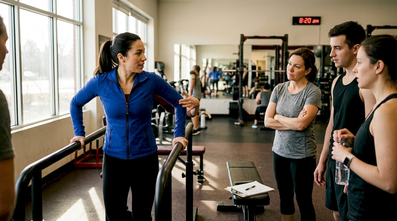 Trainer teaching dip exercise form