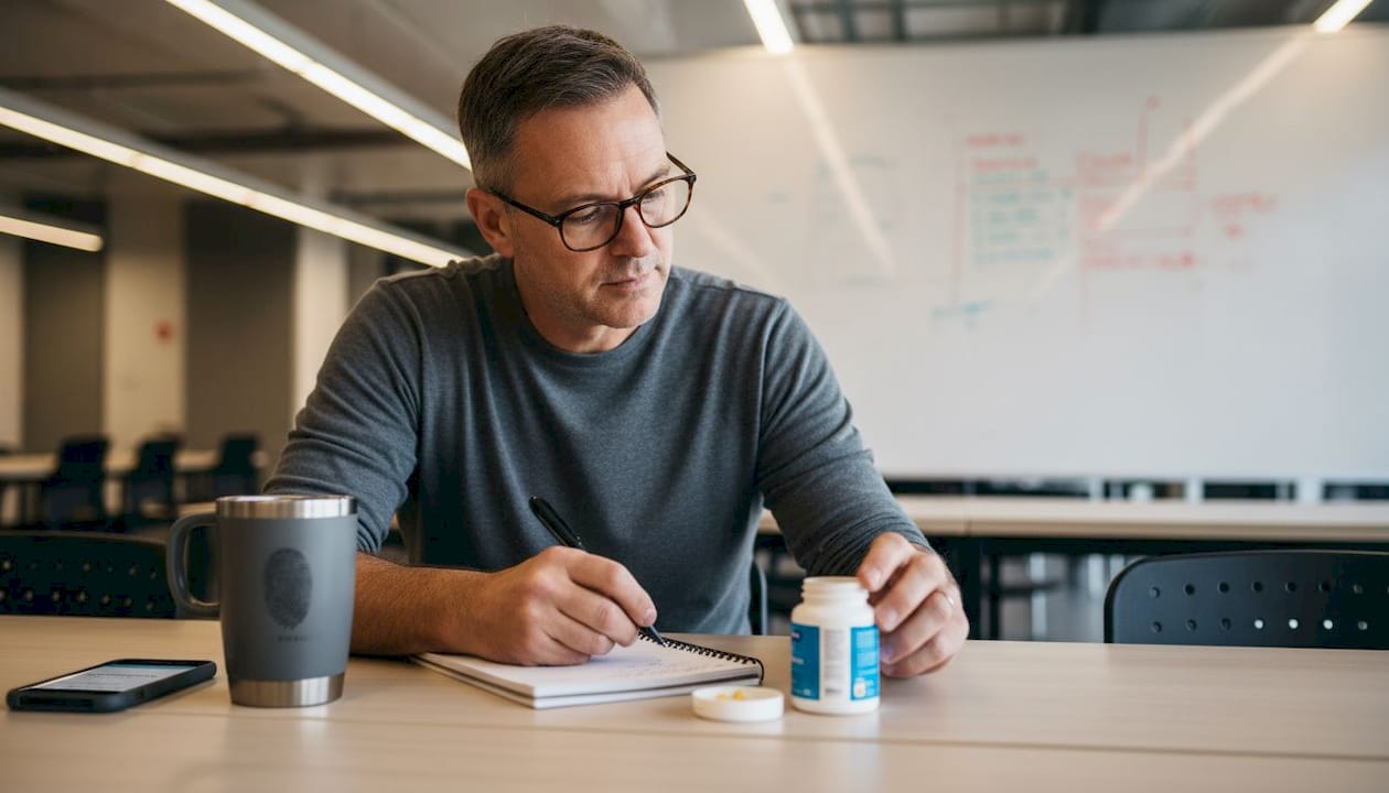 Man making notes near supplement bottle at office table