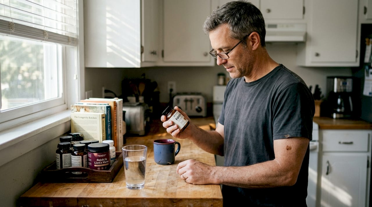 Man reviewing supplement capsules at kitchen