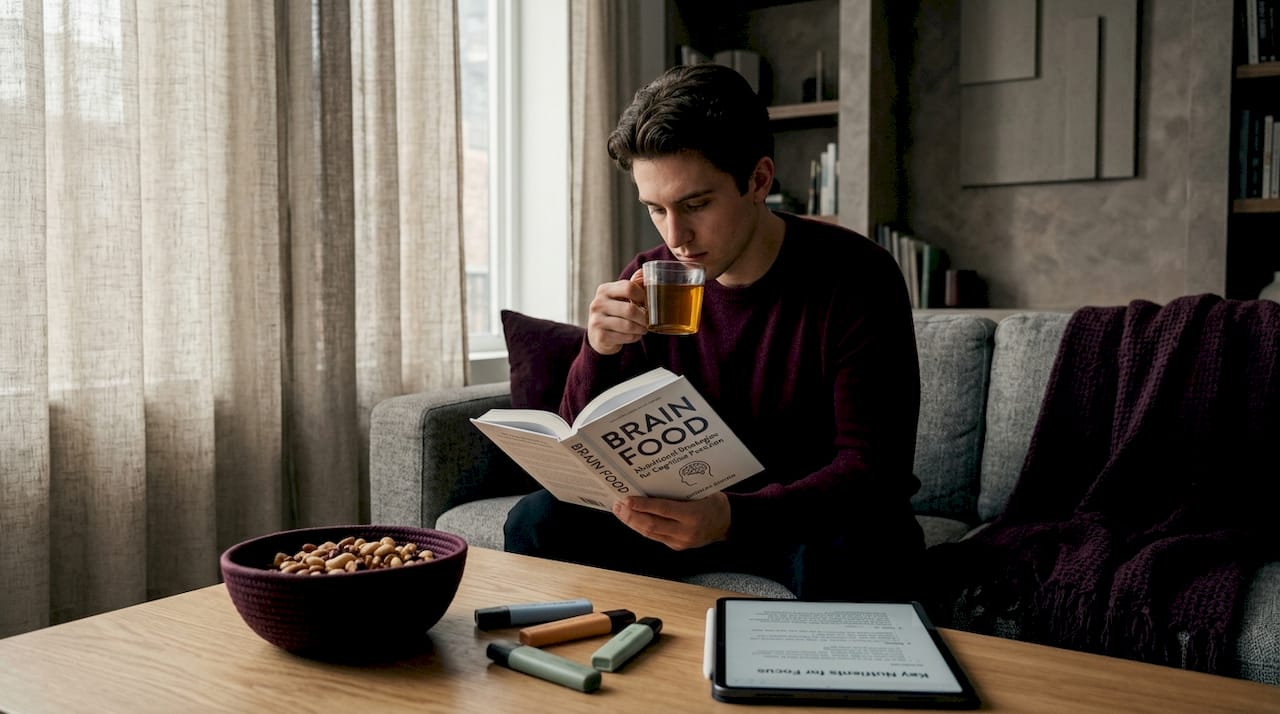 Young man reading brain health book on couch