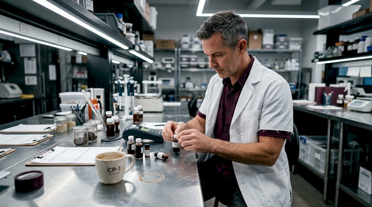 Lab technician labeling mushroom extract vials