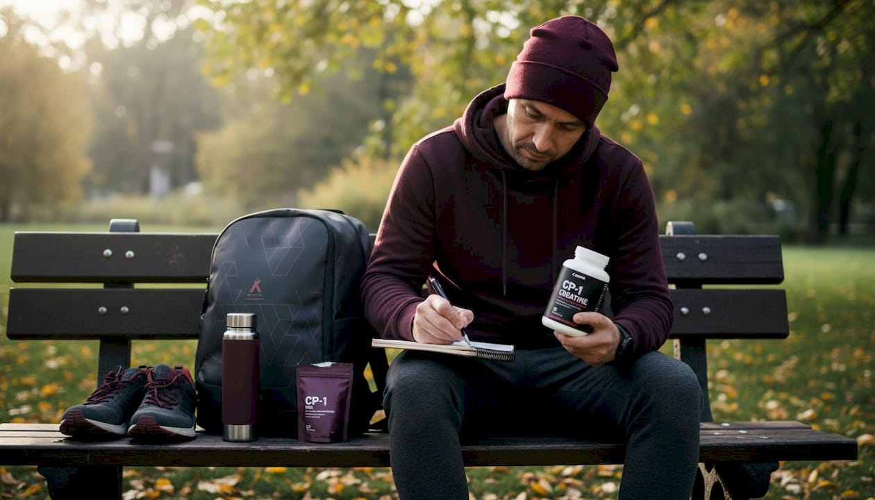 Man reviewing supplement notes on park bench