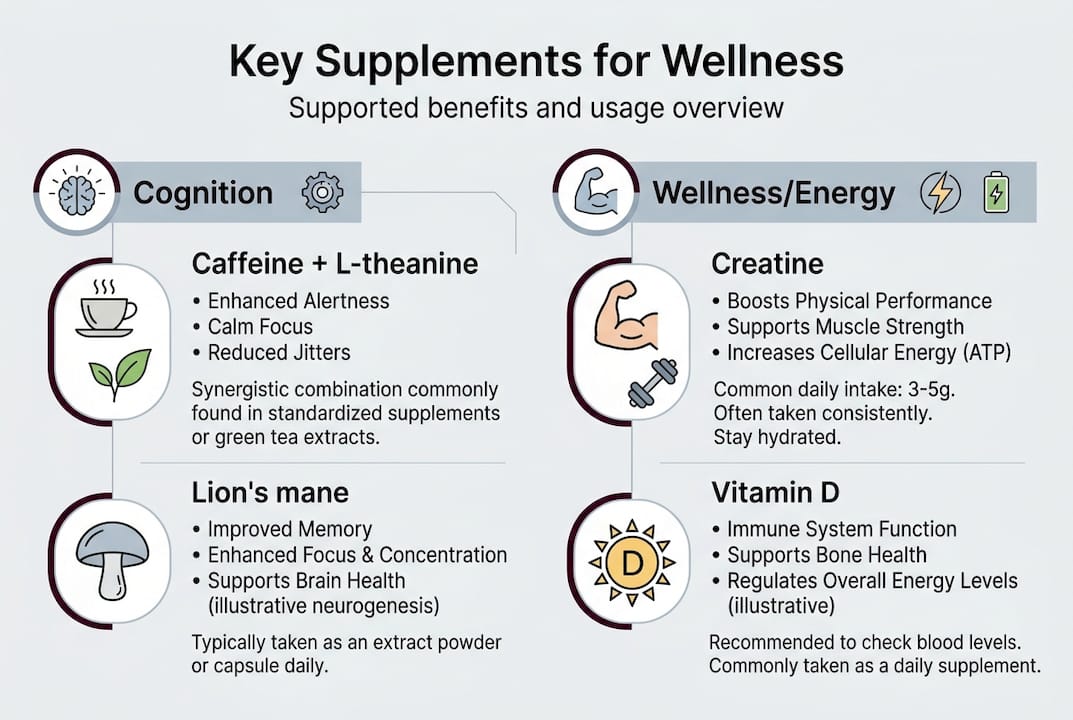 Infographic of key supplements for cognition and energy