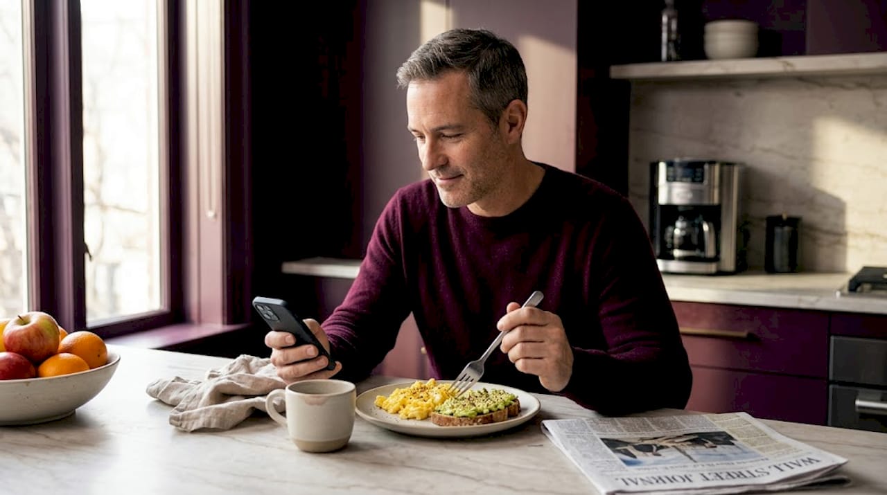 Man eating healthy breakfast with checklist