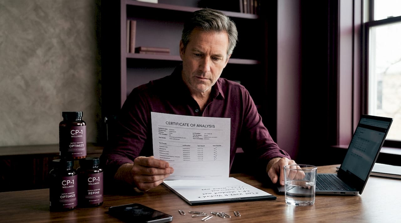 Man reviewing supplement certificate analysis