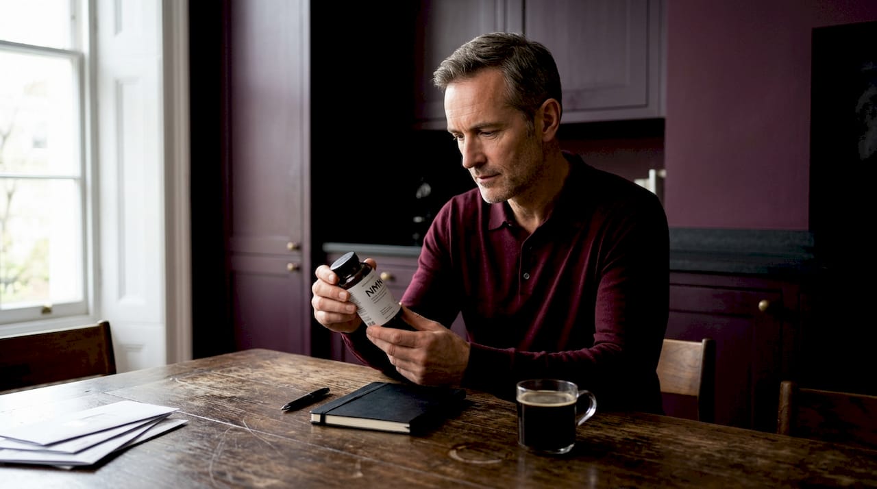 Man reading NMN supplement bottle at kitchen table