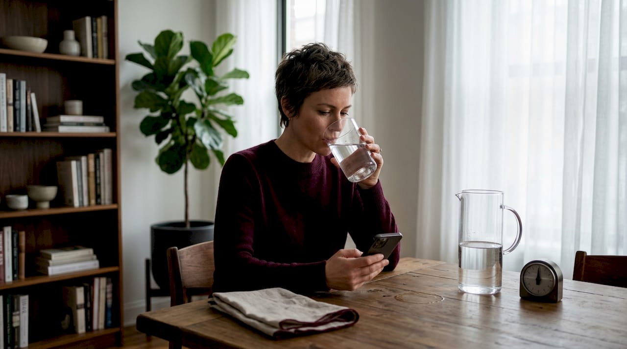 Woman hydrating at dining table with water glass