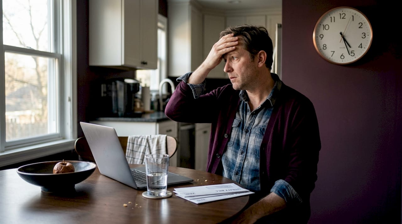 Man distracted at kitchen table with laptop
