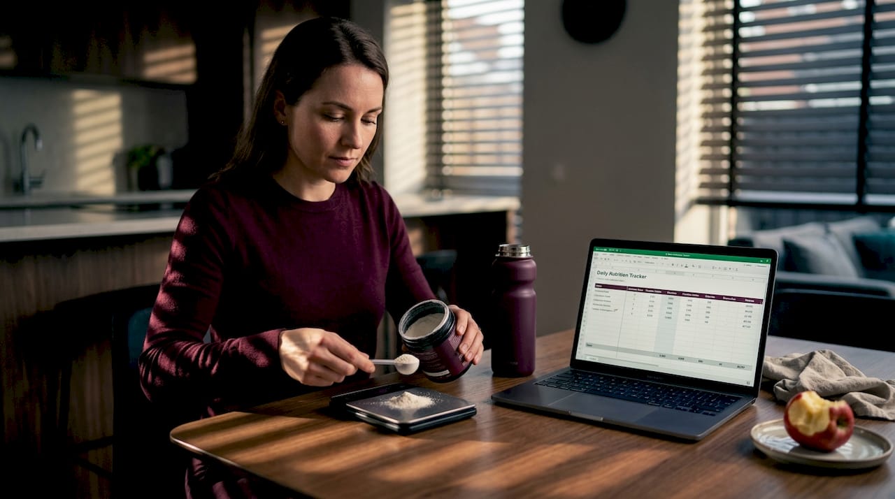 Woman measuring creatine at dining table