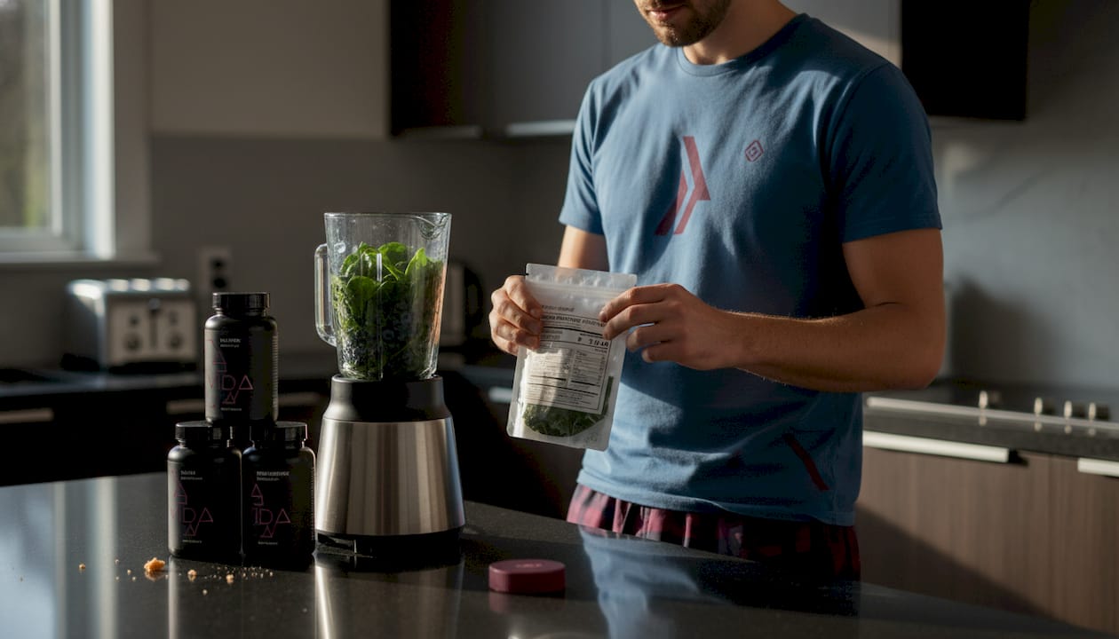 Man blending smoothie with supplements nearby