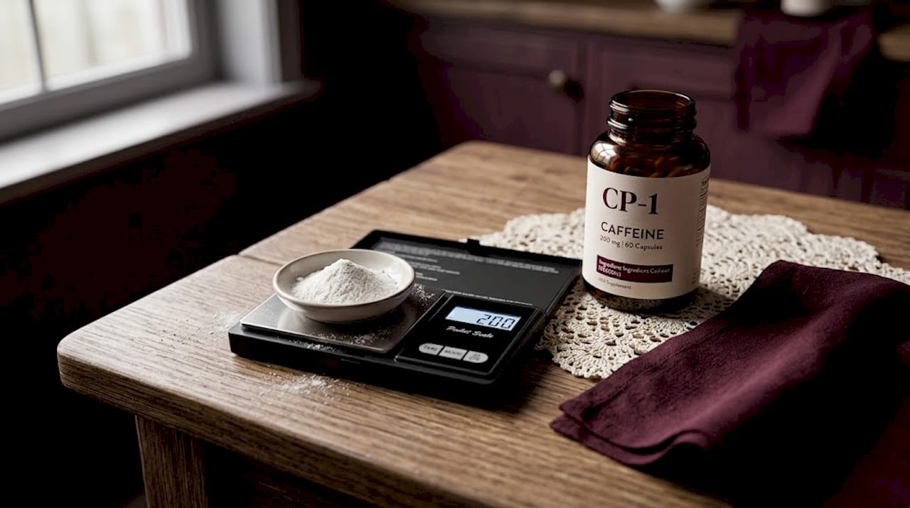 Caffeine powder being weighed on kitchen scale