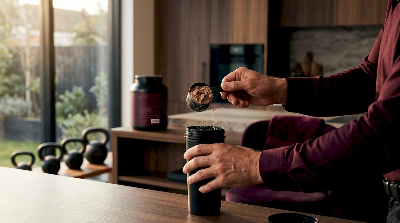 Hands checking protein powder for freshness