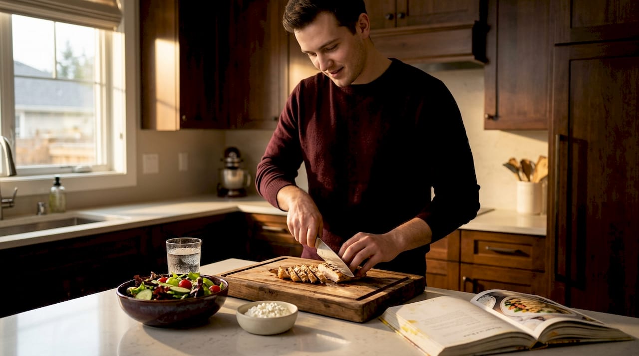 Man preparing high-protein meal in kitchen