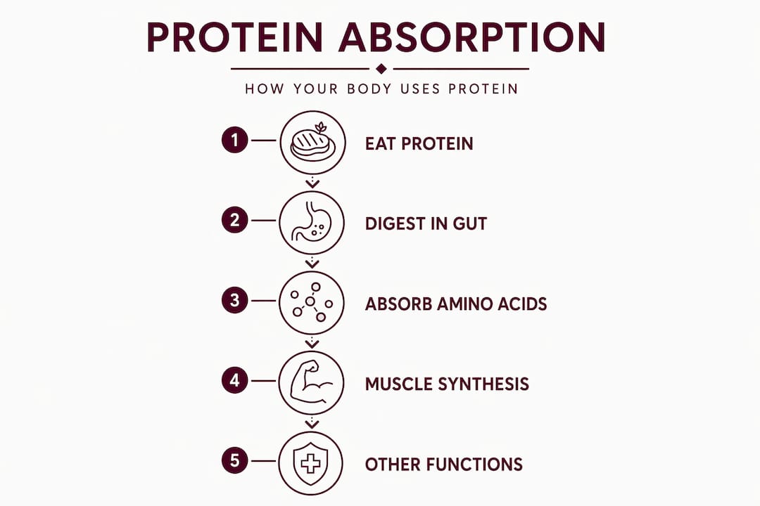 Infographic depicting five steps of protein absorption