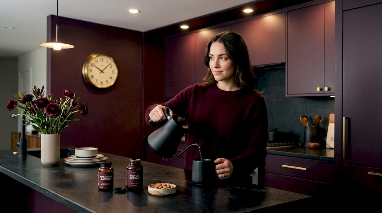 Woman preparing coffee with supplements nearby