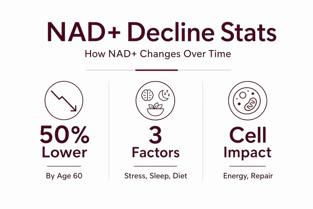 Infographic showing NAD+ decline statistics