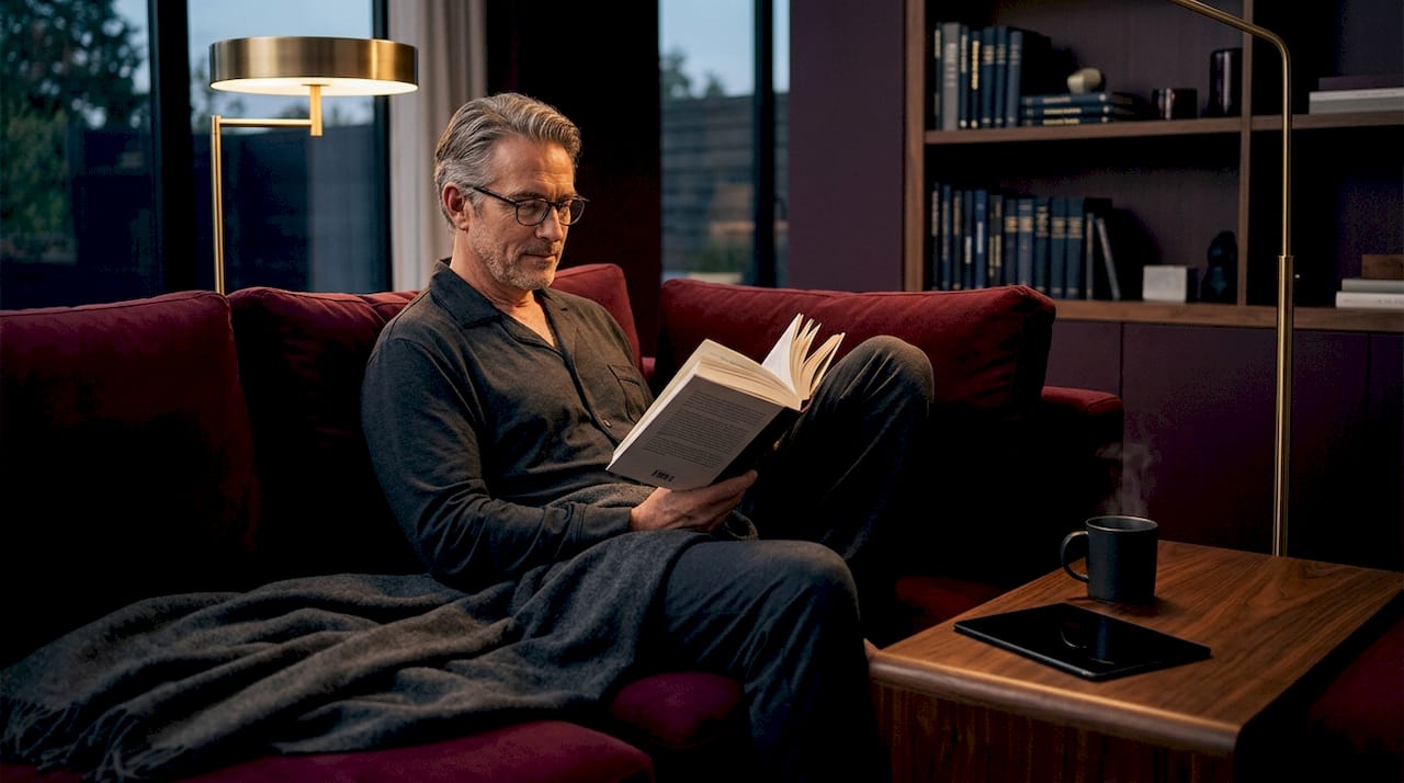 Man reading peacefully before bedtime