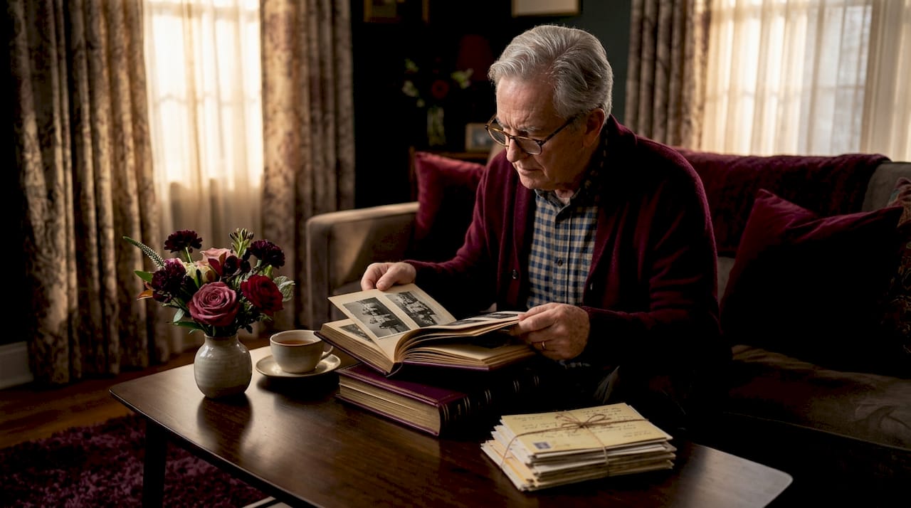 Elderly man browsing old family photo albums