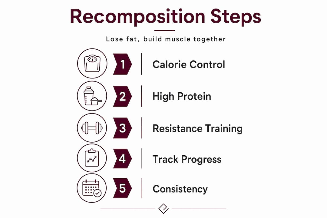 Step-by-step body recomposition process infographic
