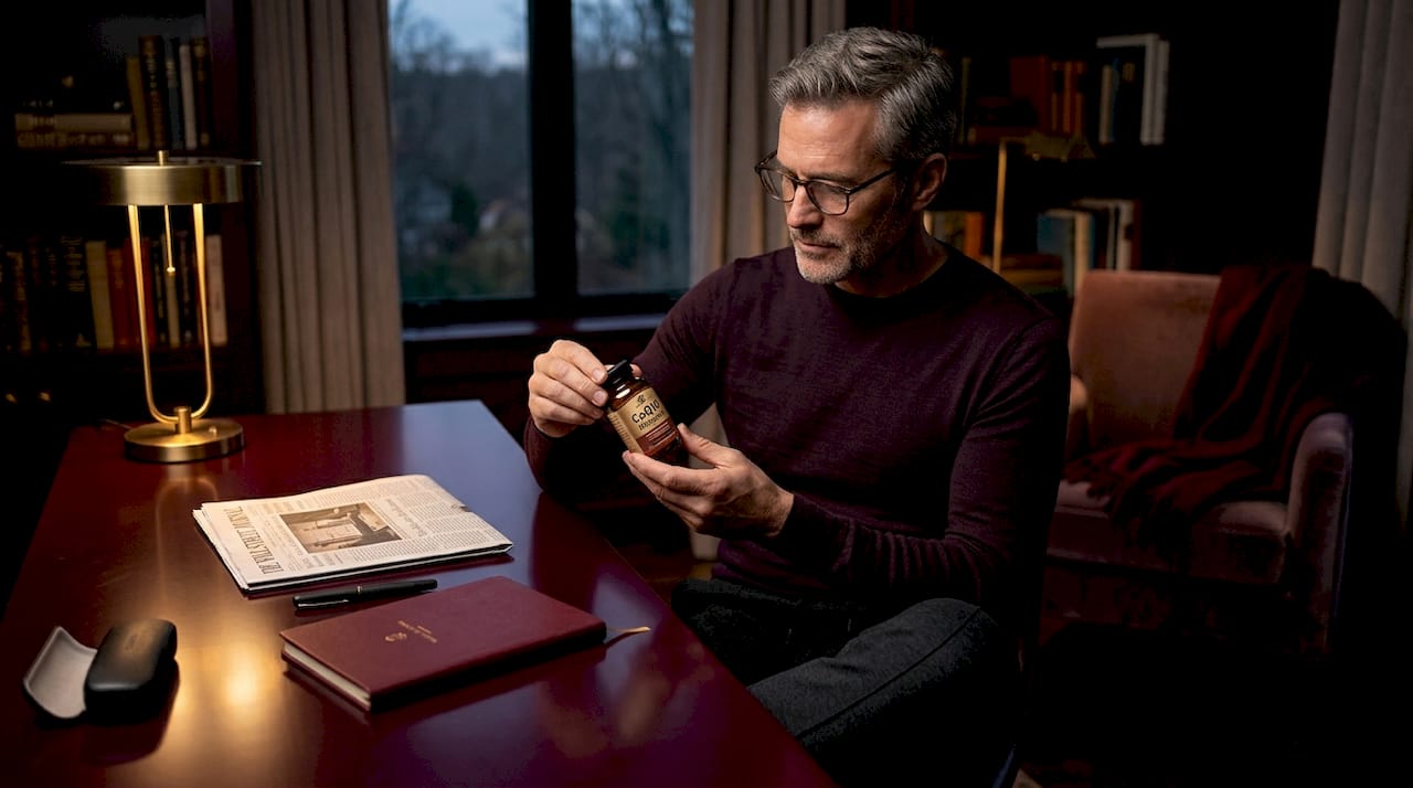 Man reading supplement label at home