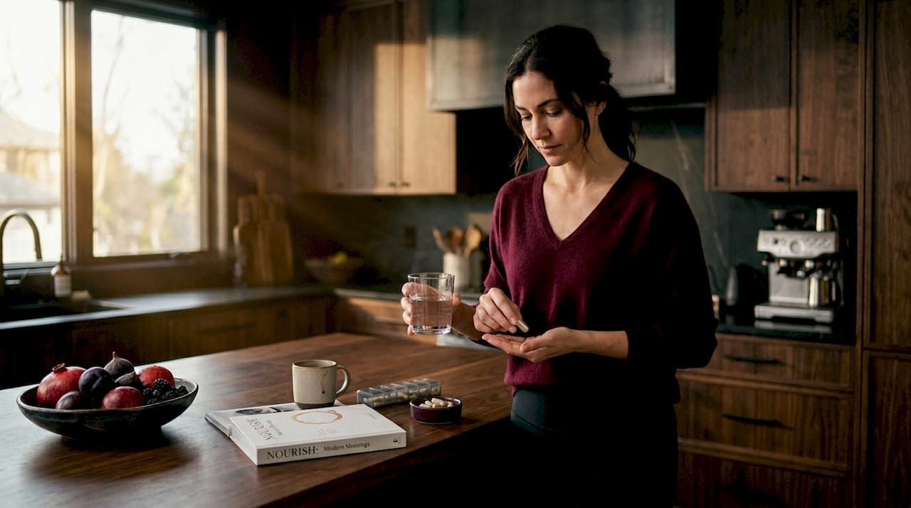 Woman taking NMN supplement in kitchen