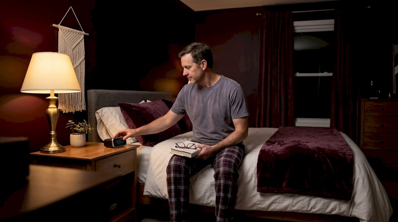 Man setting alarm before sleep in bedroom