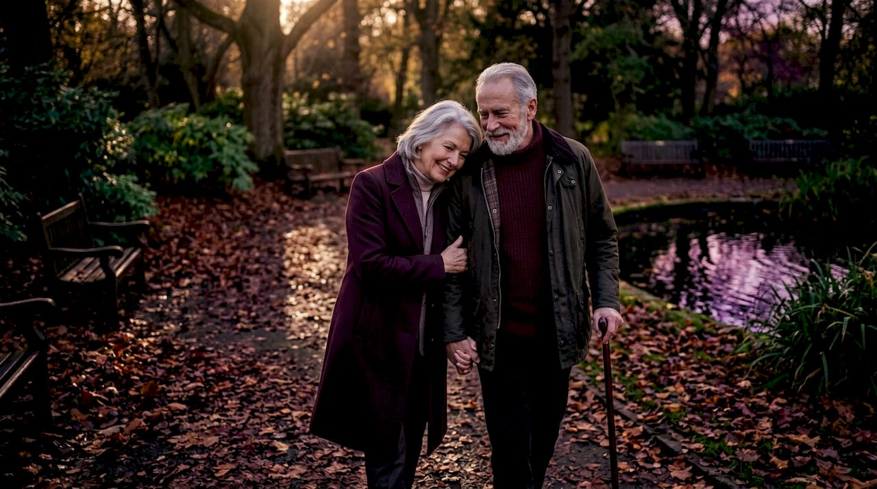 Elderly couple walking in urban park