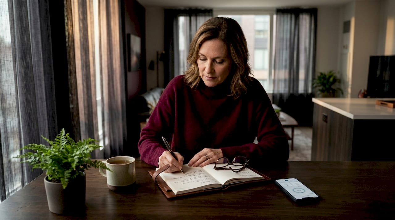 Woman journaling health goals at kitchen table