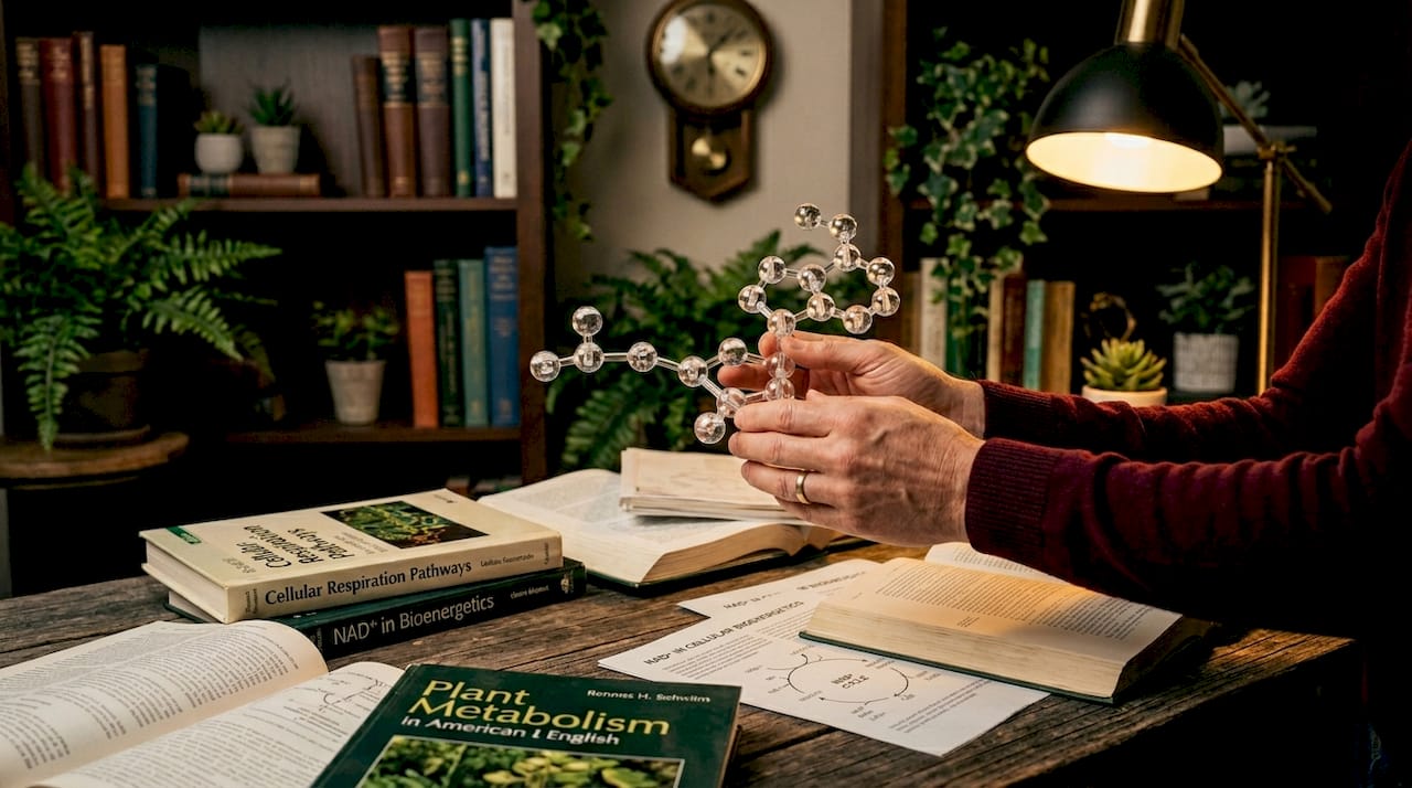 Hands holding NAD+ molecular model over textbook