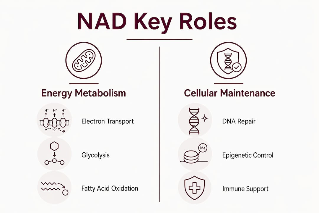 Infographic illustrating NAD roles in energy and cellular maintenance