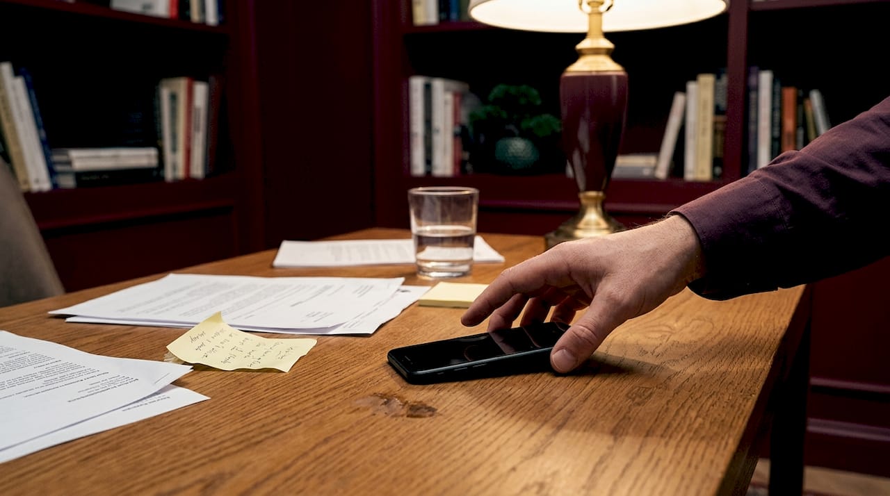 Hand removing phone from cluttered desk