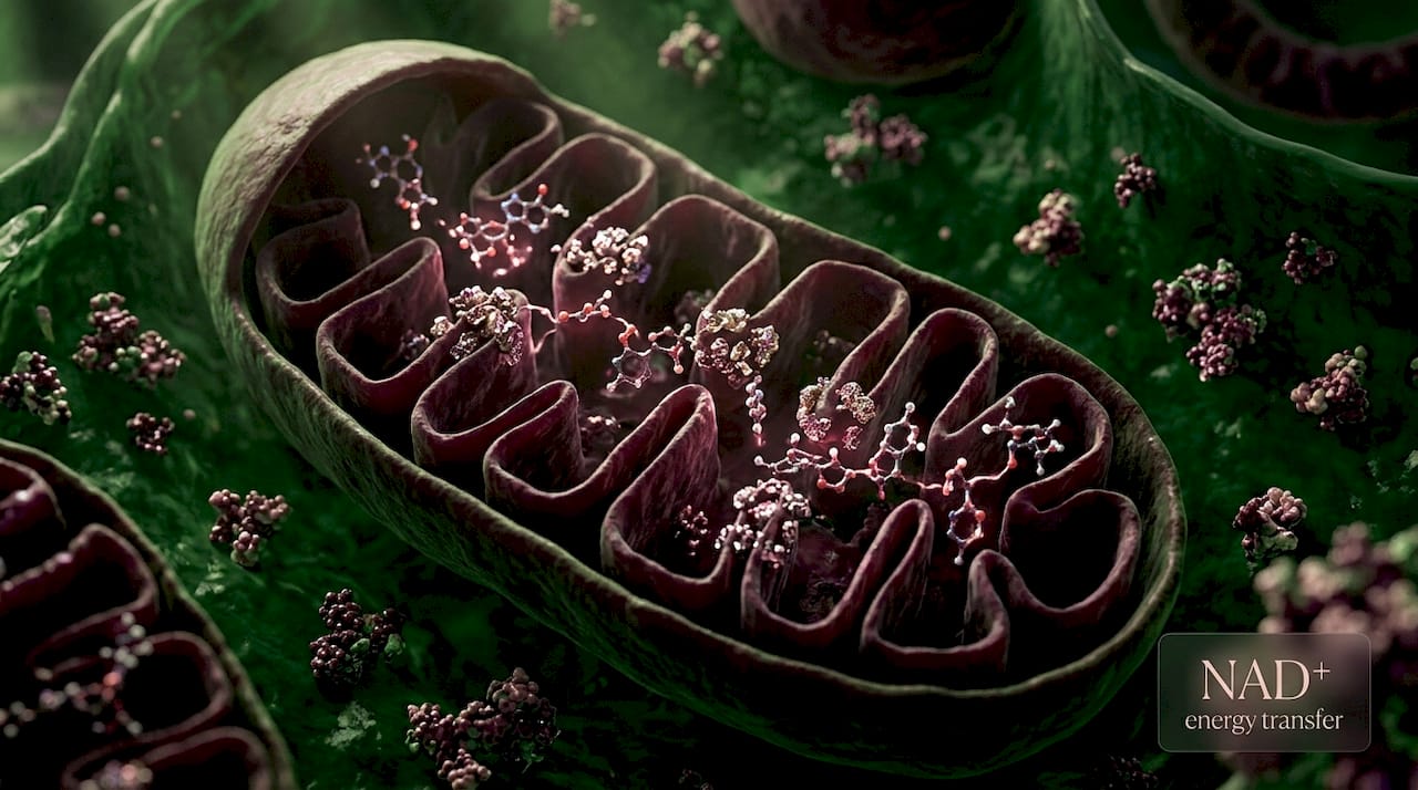 Close-up mitochondrion showing NAD+ energy role
